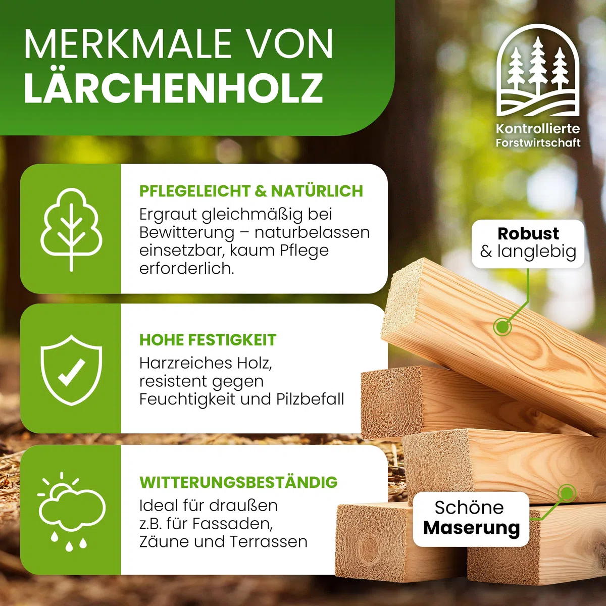 Pfosten Lärche Natur 30x30 mm 120 cm – Vierkantpfosten | für Zaun Pergola & Konstruktion