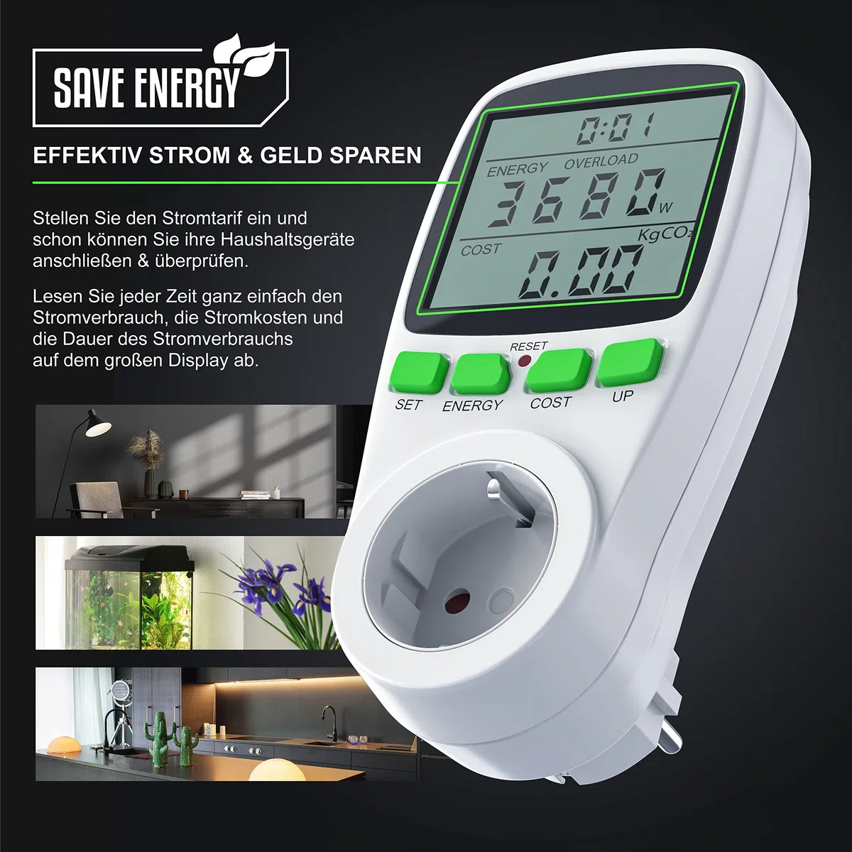 Arendo - Energiekostenmessgerät - Stromverbrauchszähler, Energiekosten Anzeige - Stromzähler - 3680W - Energiemessgerät mit integriertem Berührungsschutz