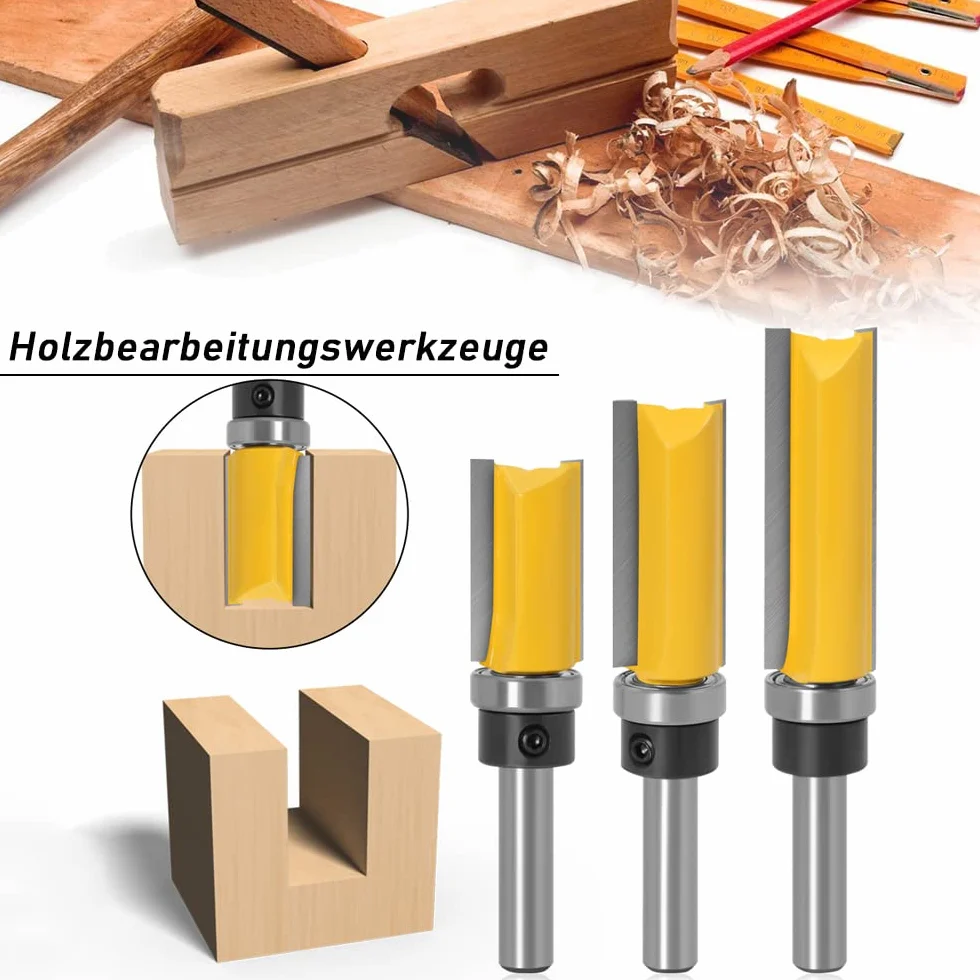 Mesee 3 Stück 8mm Schaft Bündigfräser, Gerade Fräser Set, Fräser Router Bit, Nutfräser Holzfräser Bit Set mit Kugellager Unterseite Holzschneider Profifräser Holzbearbeitungs Schneidwerkzeug