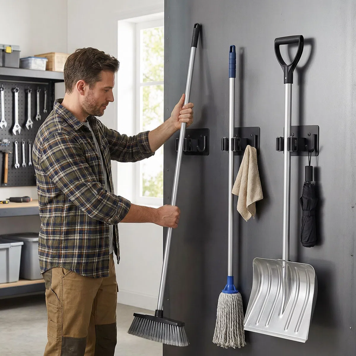 LIHAO Besenhalter, 4 Stück Edelstahl Besenhalterung Wand, Magnetischer Wandhalterung Besen Gerätehalter mit Haken für Garten, Keller & Haushalt - Schwarz