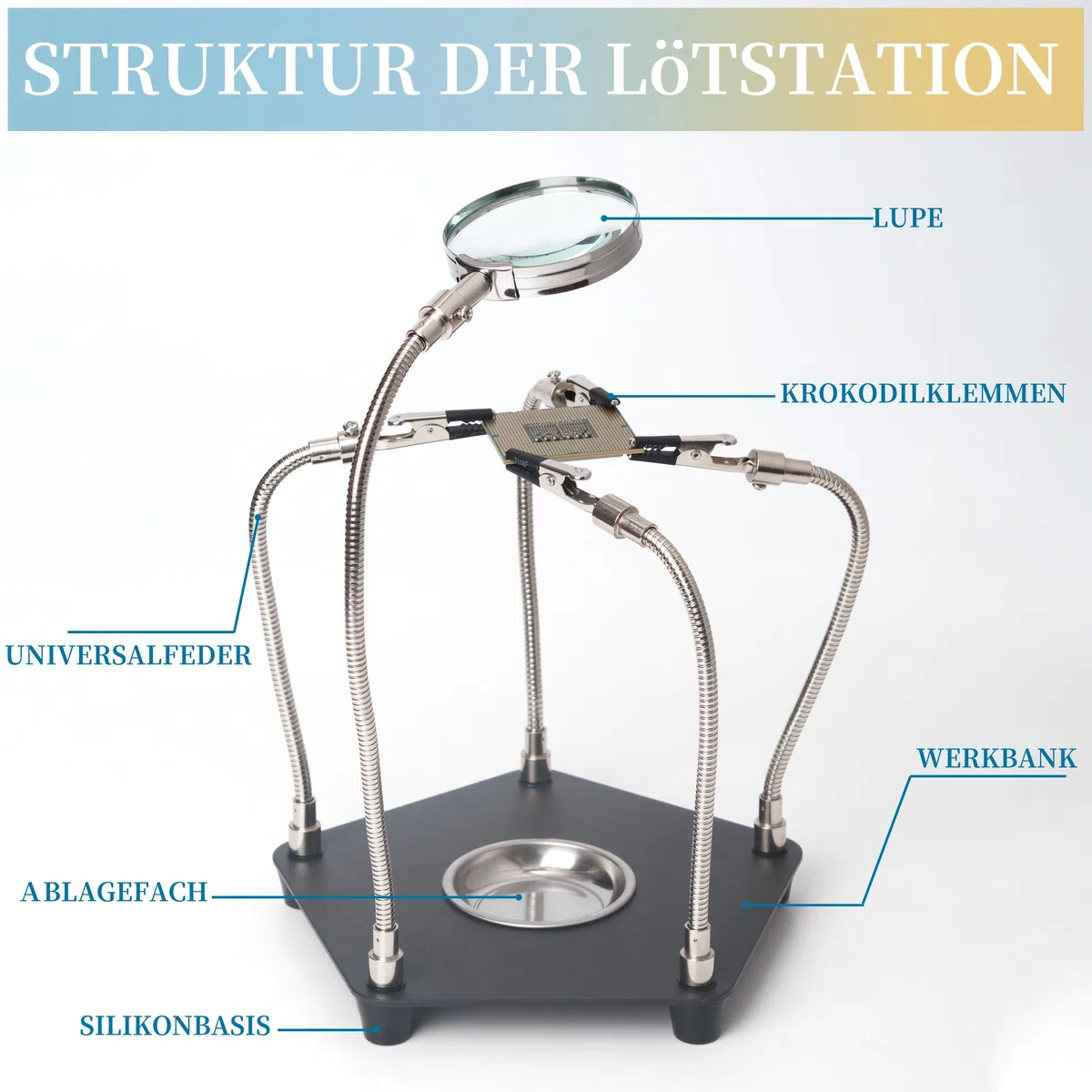 Dritte Hand Löten, Platinenhalter mit Lupe zum Löten, Modellbau Zubehör 4 Arms Helfende Hand Löten Leiterplattenhalter Werkzeug für Handwerk Schmuck Hobby Werkstatt