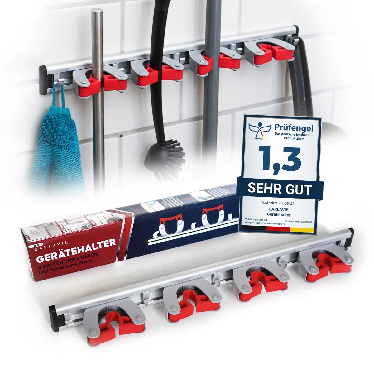 Besenhalterung Wand mit 4 Haltern und 5 Haken (45cm) I robuster Gerätehalter für mehr Ordnung I Premium Besenhalter und Gartenwerkzeug Halterung