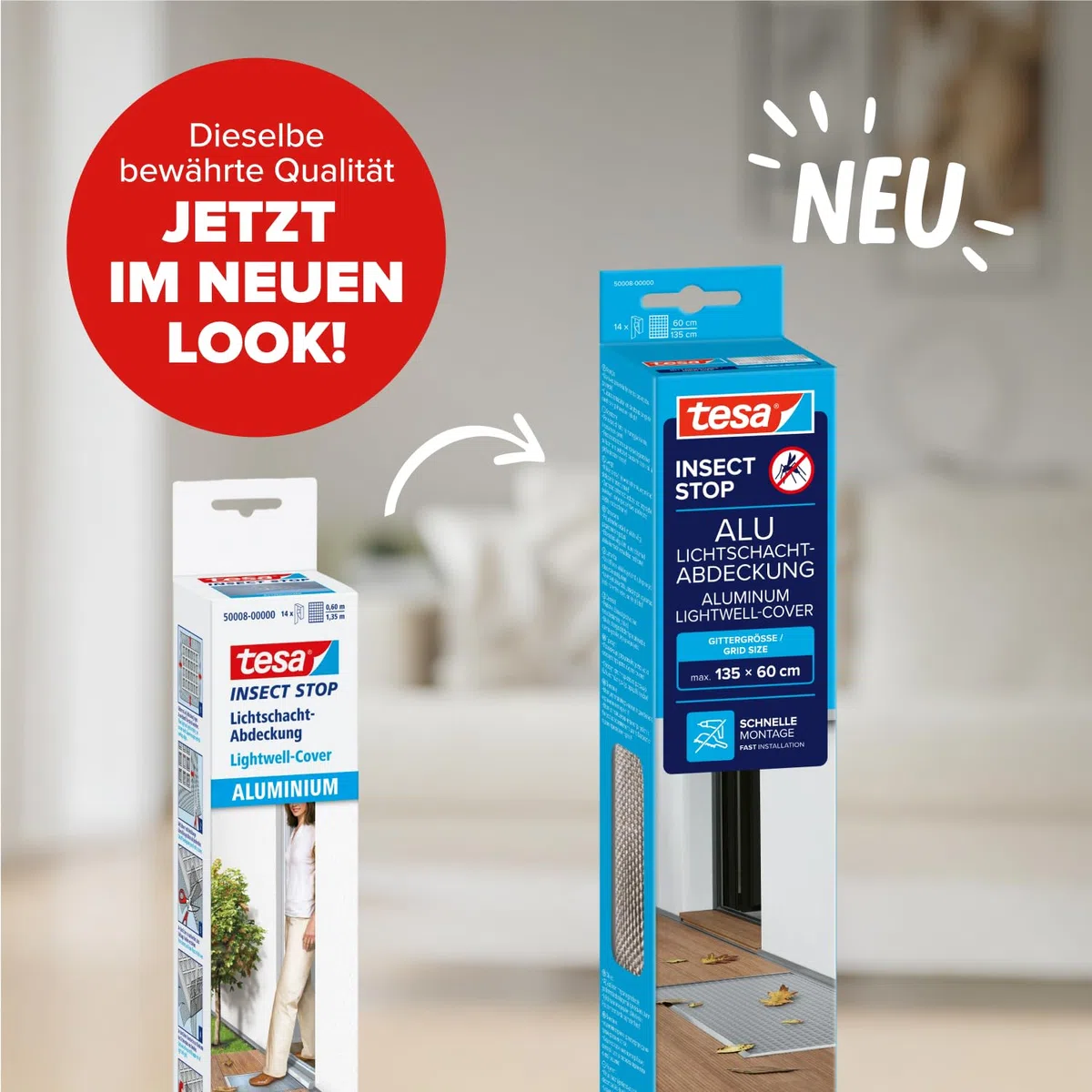 tesa INSECT STOP Alu Lichtschachtabdeckung - effektiver Schutz vor Insekten, Nagetieren und Schmutz für Kellerfenster, einfache Montage, witterungsbeständig 1,35m x 60cm