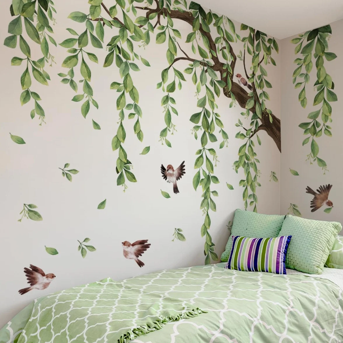 WandSticker4U®- [Extra groß] Aquarell Wandtattoo BAUM XXL in Grün (134x98 cm) I Wandaufkleber hängende Rebe grün Blätter Pflanze Vögel I Wandsticker Wohnzimmer Schlafzimmer Erwachsene Kinder