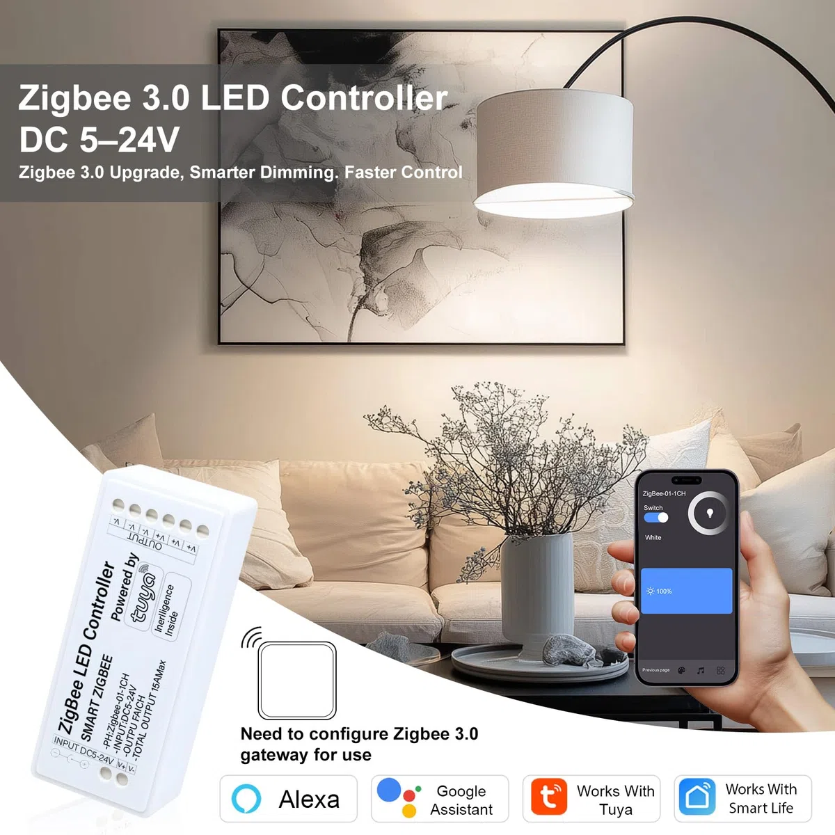 Zigbee Dimmer LED, ZigBee 3.0 Dimmer, Zigbee LED Controller, Dimmen Smart Lichtschalter Kompatibel mit Alexa, Google Assistant, Smart Life, Tuya, Neutralleiter Erforderlich, für LED Lampen