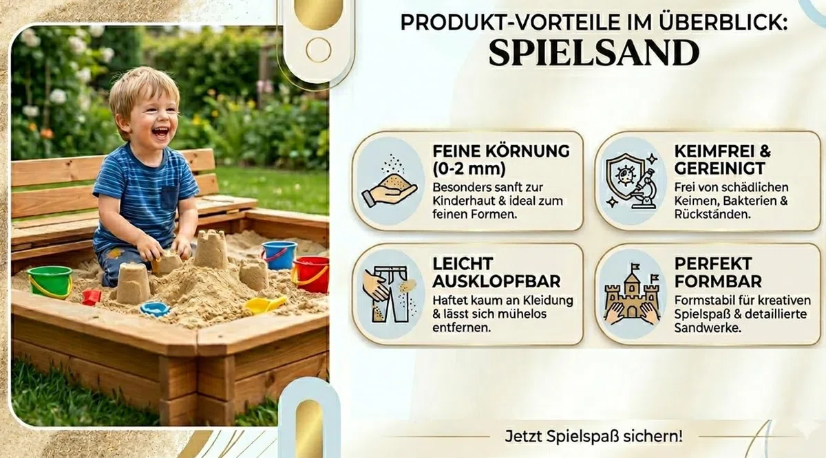 25kg Spielsand Classic inkl. Sacköffner | Schadstofffrei & extra fein (0-2mm) | Premium Sandkastensand | Quarzsand für Sandkasten, Garten & Baustelle | Naturrein & sanft