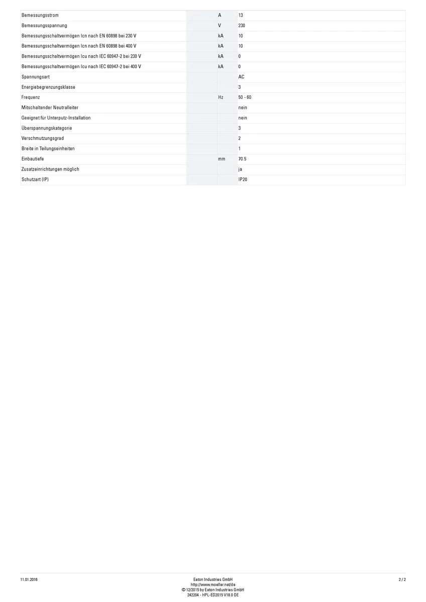 Eaton PLSM-C13-MW Leitungsschutzschalter 13A 1P 1-polig C-Charakteristik LS-Schalter (242204 alt 244732)