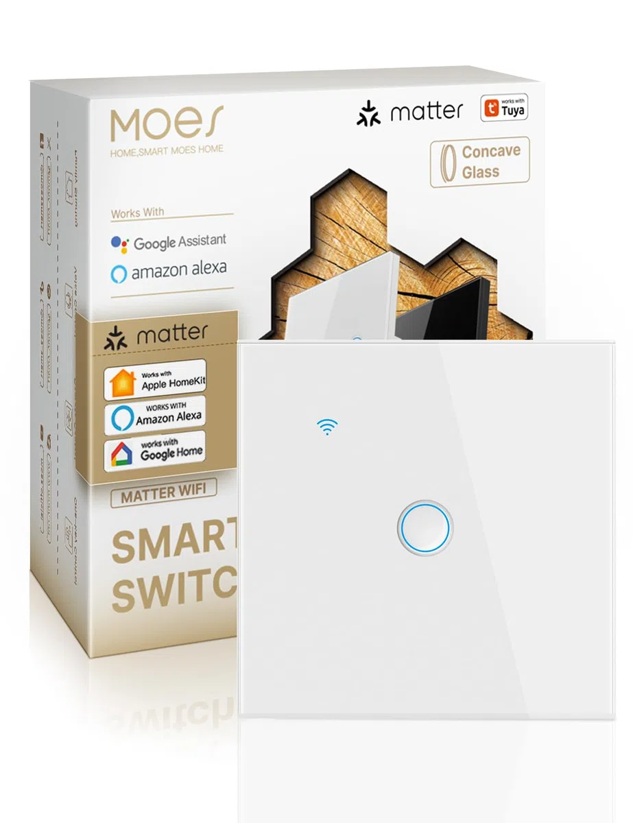 MOES Matter WLAN Lichtschalter, 1-Fach 1-Weg Touch Unterputzschalter mit konkavem Glasdesign & Ausschalt-Speicher, Kompatibel mit Apple Home/Alexa/Google Home/SmartThings, Neutralleiter erforderlich