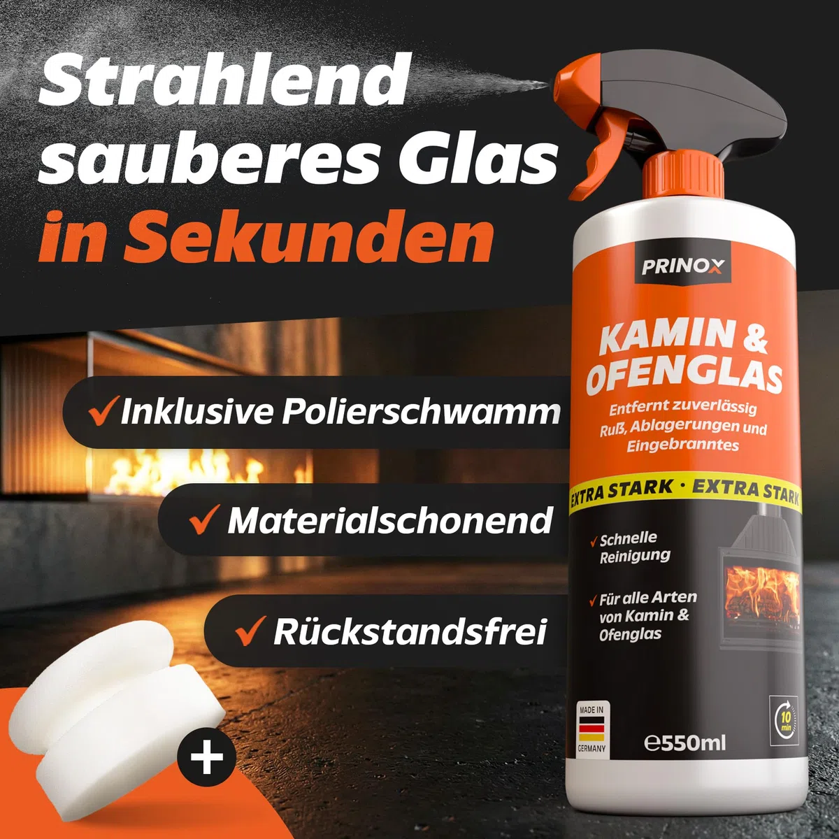 Kaminscheibenreiniger 550ml extra stark - Kaminglasreiniger gegen hartnäckigen Ruß an Ofenscheiben - Kaminreiniger zum Reinigen verrußter Kaminscheiben & Ofenglas