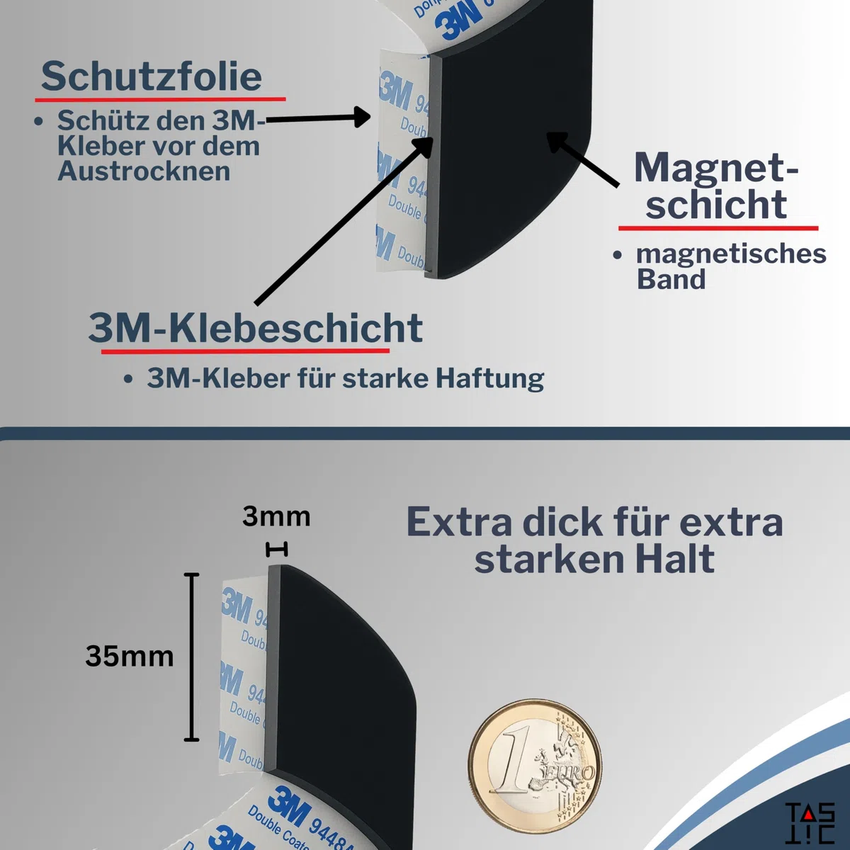 TASTIC - Selbstklebendes Magnetband 3mm x 35mm x 3m. Magnetklebeband selbstklebend extra dick und extra breit. Das Klebeband ist magnetisch, stark klebend und zuschneidbar