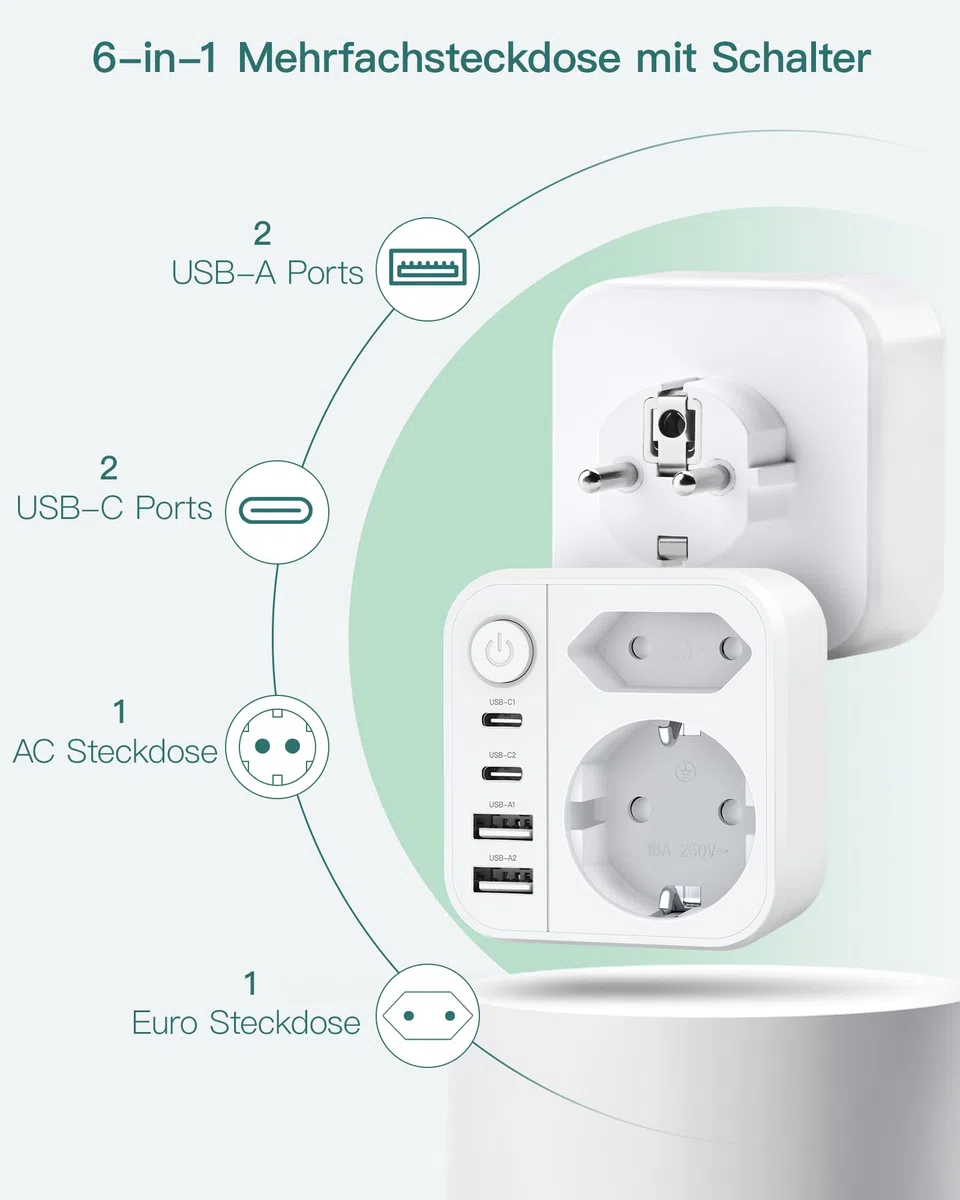 Mehrfachsteckdose 6-in-1 mit USB, Doppelstecker mit 2 USBA und 2 USBC Steckdose, Wandsteckdose mit Schalter (3680W/16A), Mehrfachstecker für Zuhause/Büro/Reisen
