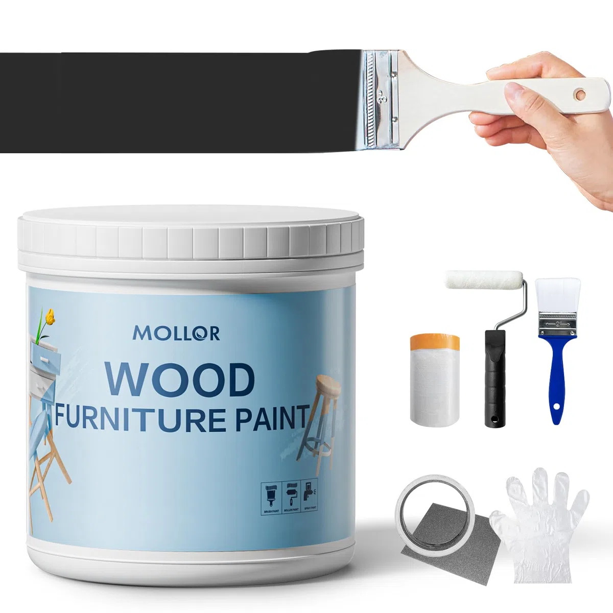 Matt Schwarz Holzfarbe Innen, Langlebig Farbe Für Möbel Ohne Schleifen, Kreidefarbe Shabby Chic Feinste Farbe Innen und Außen Möbellack Bastellfarbe (16oz/500g, schwarz mit Werkzeugen)