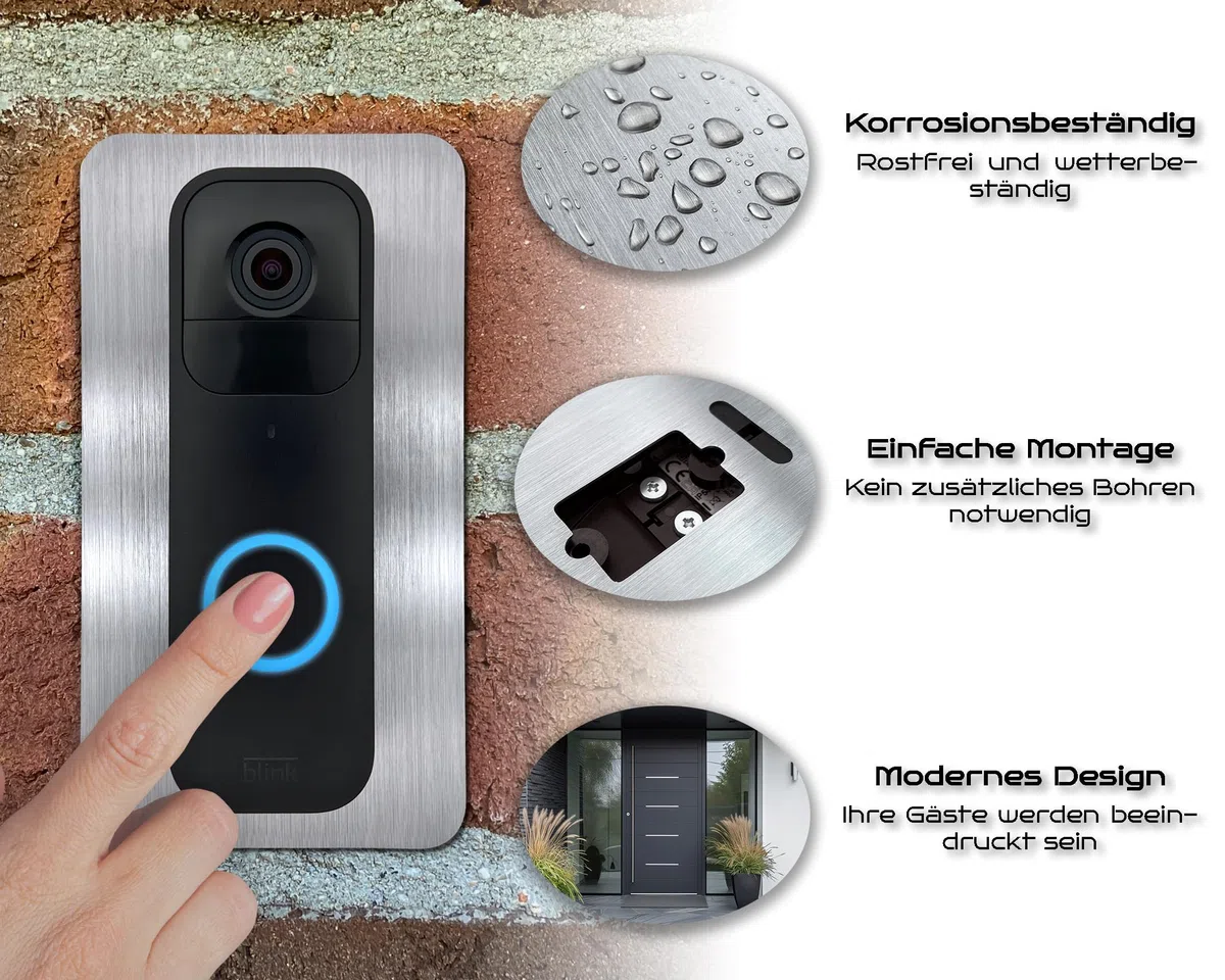 Edelstahl Blende | Zubehör für Blink Videotürklingel 1. & 2. (2025) Generation | Halterung Video Doorbell, Schild, Befestigung, Wandplatte für Alexa Funk Klingel