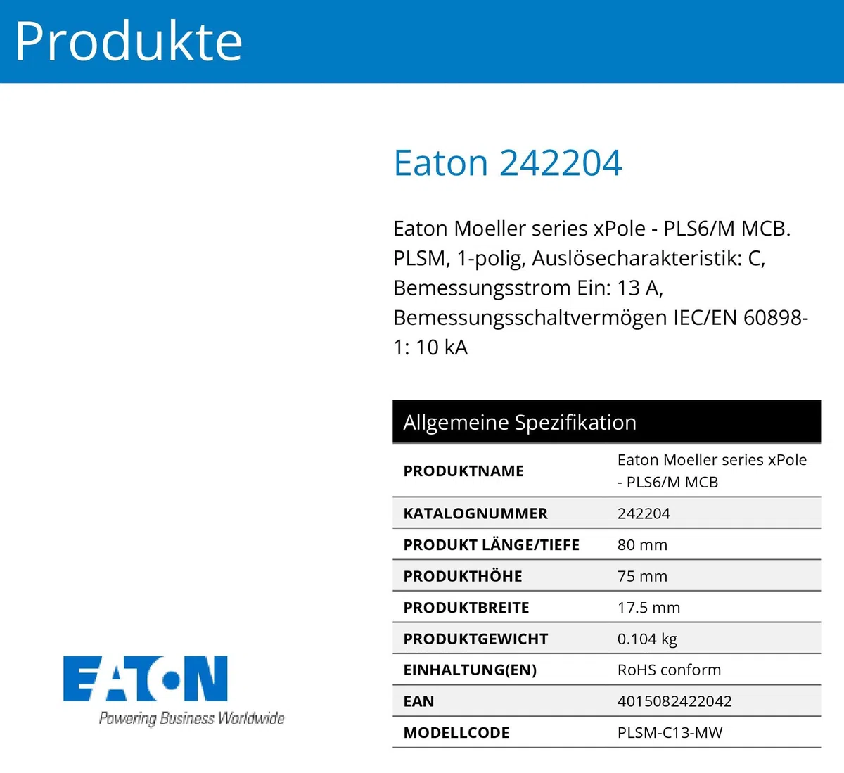 Eaton PLSM-C13-MW Leitungsschutzschalter 13A 1P 1-polig C-Charakteristik LS-Schalter (242204 alt 244732)