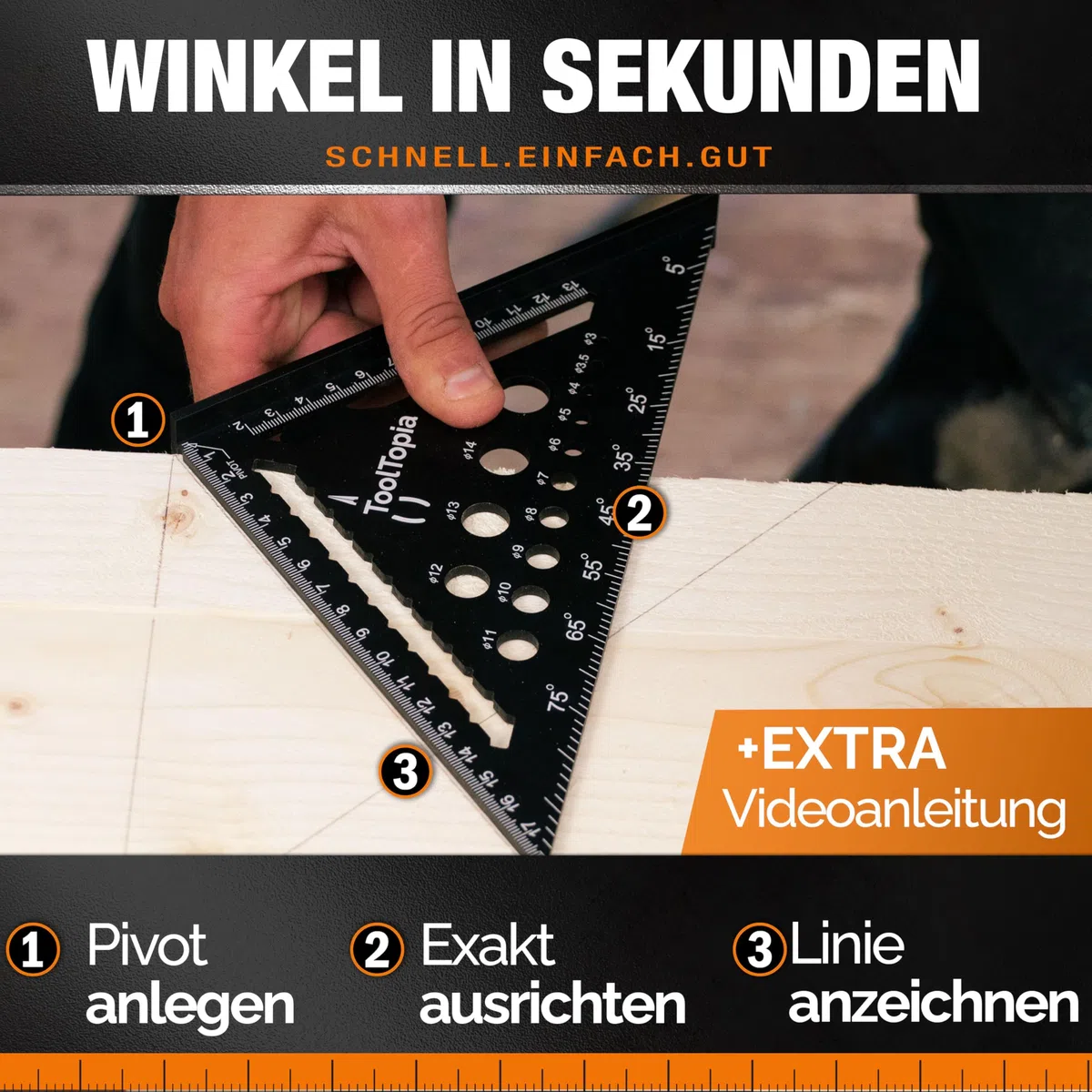 Zimmermannswinkel 180mm – Präzises Anschlagwinkel Set mit Tieflochmarker, Exakter 90 Grad Tischlerwinkel als Werkzeug für Holzbearbeitung, Metall & mehr, Geschenk für Zimmerer, Schreiner & Heimwerker