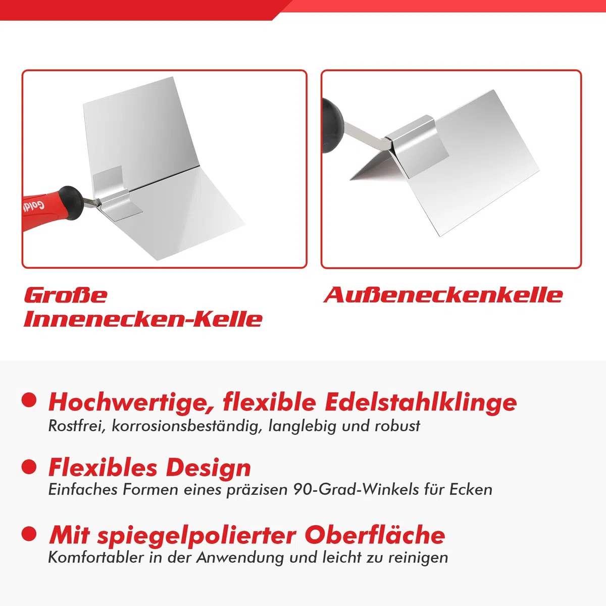 Goldblatt 2-tlg. Eckenkelle Set, 126 x 100 mm Inneneckenkelle & 89 x 62 mm Außeneckenkelle, Eckspachtel Kantenkelle aus Edelstahl mit weichem Griff, Rostfreie Eckkelle für Gipsarbeiten
