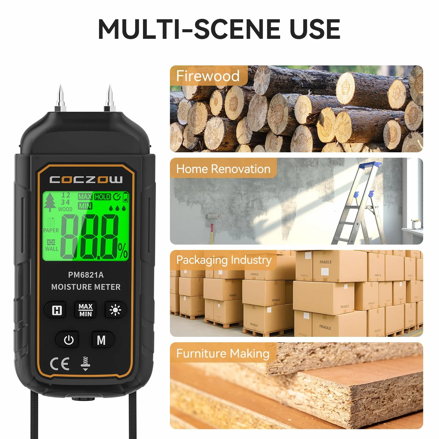 Feuchtigkeitsmessgerät, Feuchtigkeitsmesser Mit Batterie und LCD-Display, geeignet für die schnelle Bestimmung des Feuchtigkeitsgehalts von Rohholz, Papier, Sperrholz, Gipswände, Holzboden, etc.
