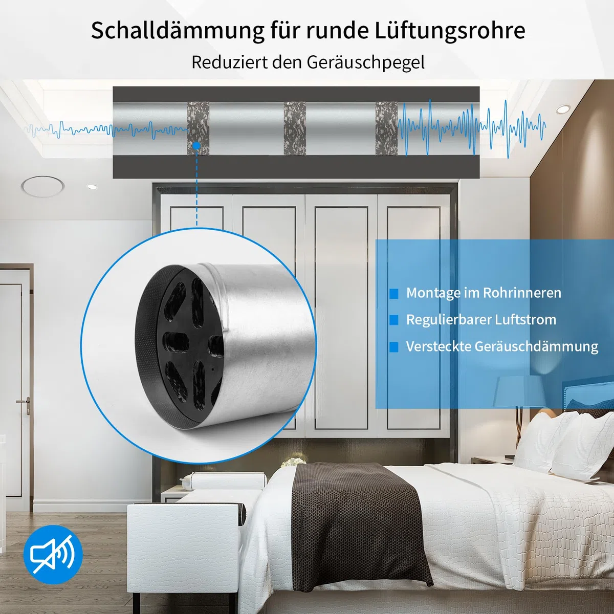 WeCooper Schalldämpfer 100mm für Lüftungsrohre–Einschubschalldämpfer aus Schaumstoff für runden Luftkanal, Geräuschreduzierung für zentrale Lüftungsanlage und den Luftstrom reguliert