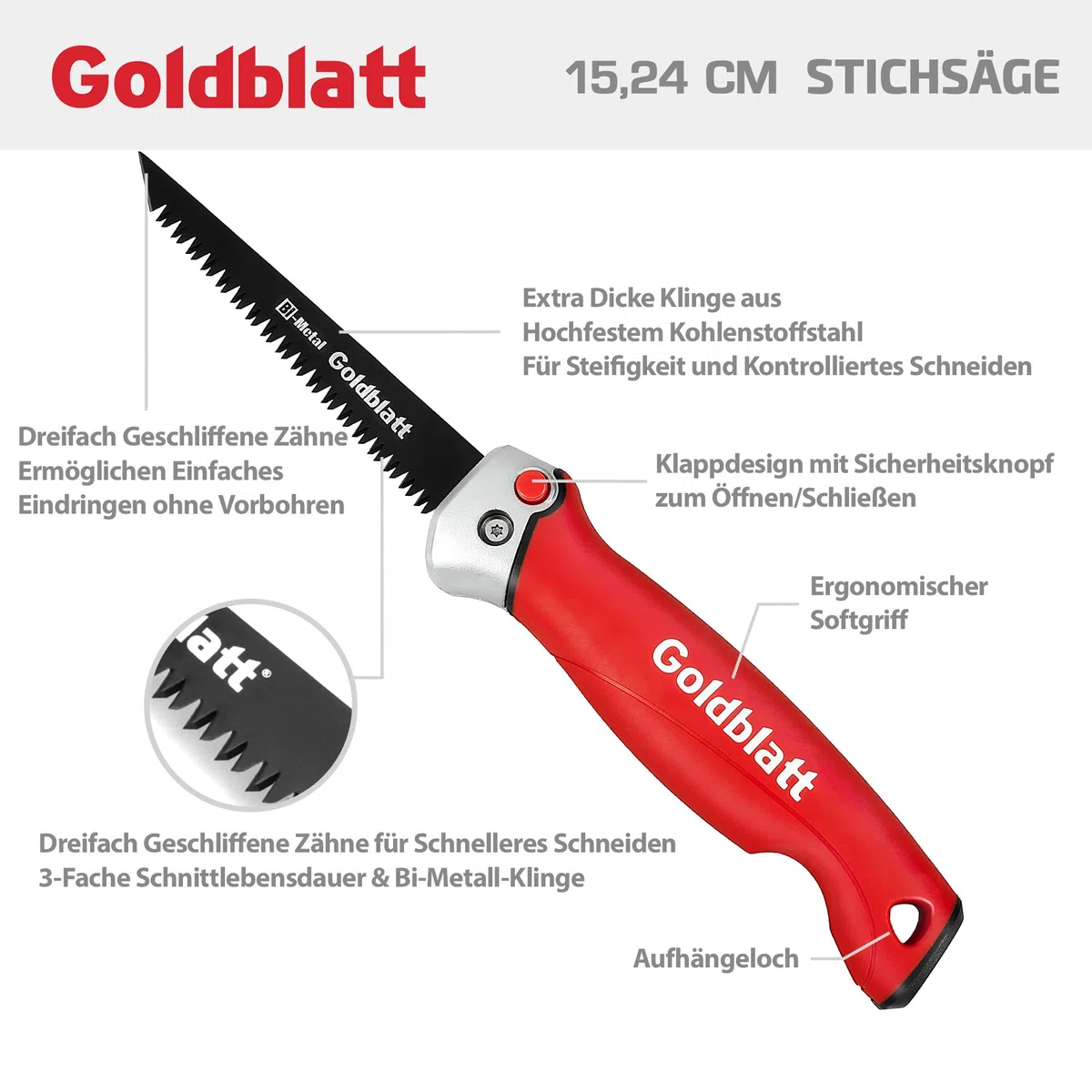 Goldblatt Wandplattensäge, Klappsäge 310 mm, Handsäge, Trockenbausäge Hand-Stichsäge aus BIM-Stahl mit 8 TPI & 3 Schneidkanten, mit Sicherheitsschloss, geeignet für Trockenwand, Sperrholz