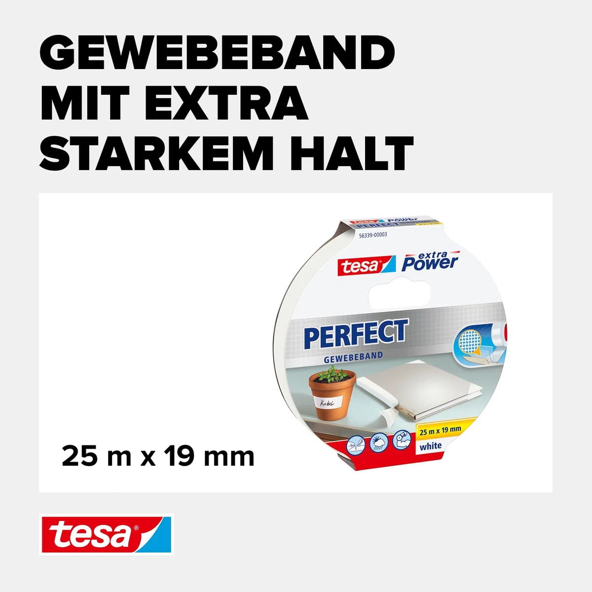 tesa extra Power Perfect Gewebeband - Gewebeverstärktes Ductape zum Basteln, Reparieren, Befestigen, Verstärken und Beschriften - Weiß - 25 m x 19 mm