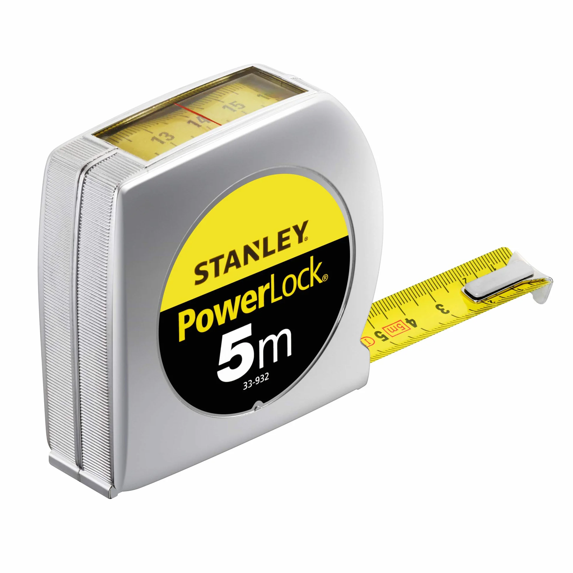 STANLEY Maßband Powerlock Bandmaß 0-33-932 (Maßband 5m Länge mit Sichtfenster, extra starkes Band, Mylar-Schutzschicht, verchromt, Gürtelclip)
