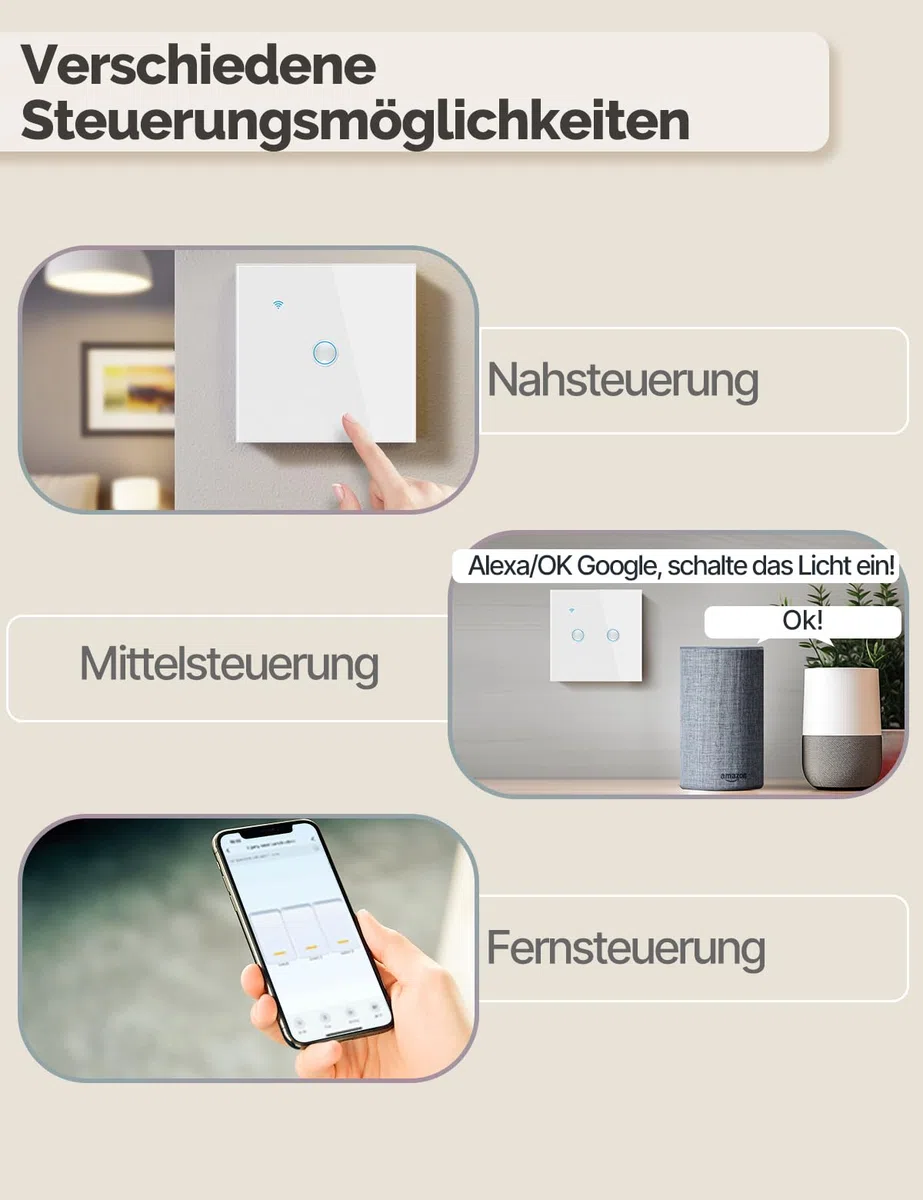 MOES Matter WLAN Lichtschalter, 1-Fach 1-Weg Touch Unterputzschalter mit konkavem Glasdesign & Ausschalt-Speicher, Kompatibel mit Apple Home/Alexa/Google Home/SmartThings, Neutralleiter erforderlich
