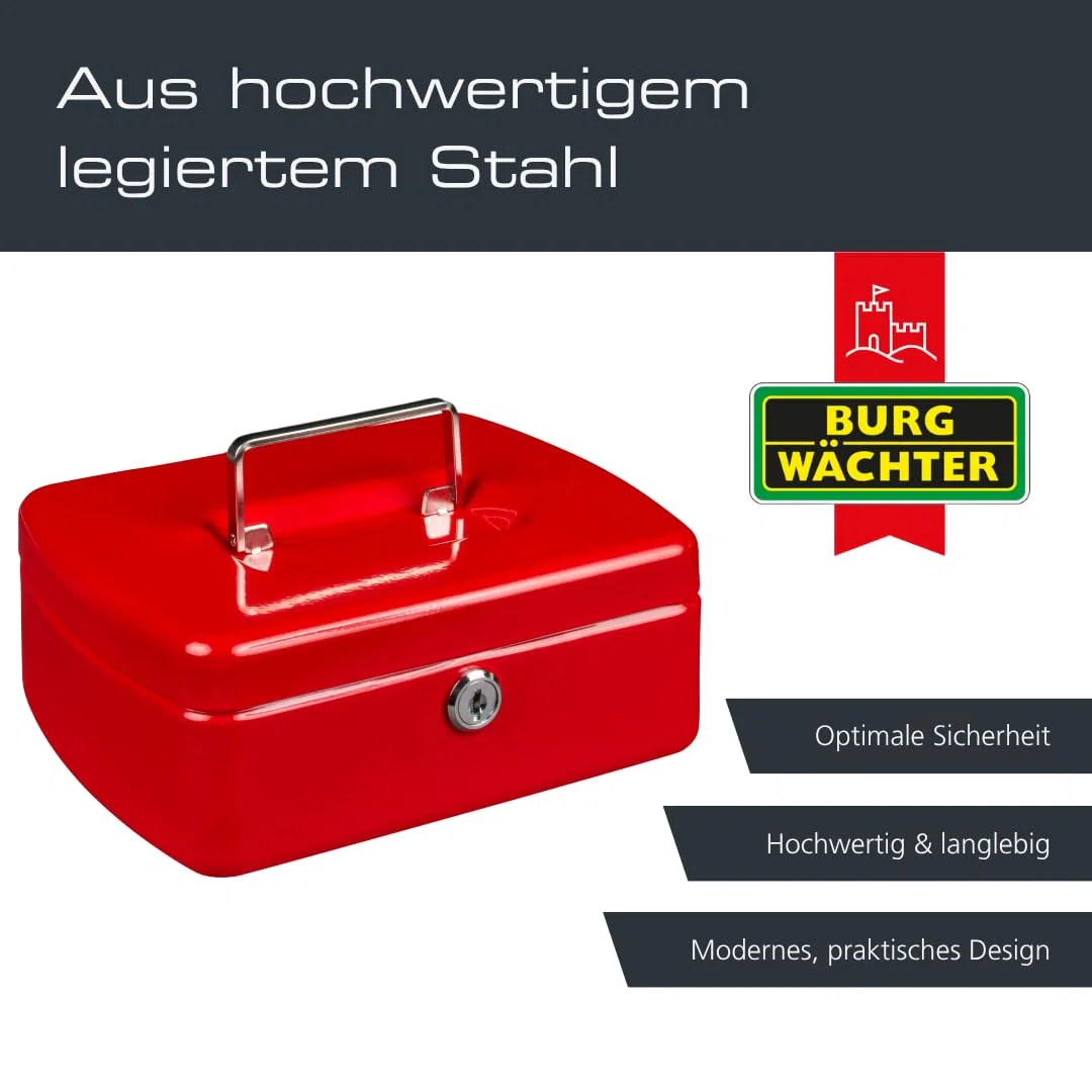 Burg-Wächter Geldkassette abschließbar mit Schlüssel und Hartgeldeinsatz, Stahlblech, Office 2207, Rot