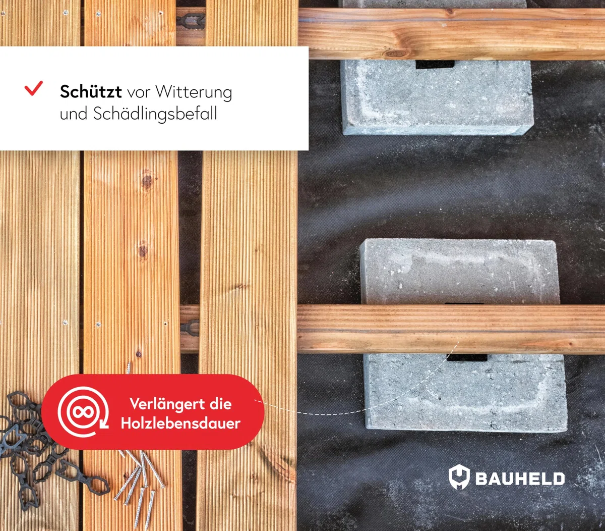 BAUHELD Terrassenpads 90x60 x 3mm [70 Stück] - Made in Germany - Antirutsch Bautenschutzmatte aus Gummigranulat - Als Unterlegplatten für Terrassen-Fliesen, WPC Terrassen-Dielen, Stelzlager, Balkon