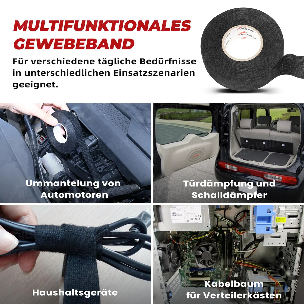 RED WOLF Isolierband Hitzebeständig Kfz Gewebeband Auto Kabel Klebeband Elektrische Kabel Stoffband Selbstklebendes Mehrzweckfilzband 15m x 25mm 5 Stück