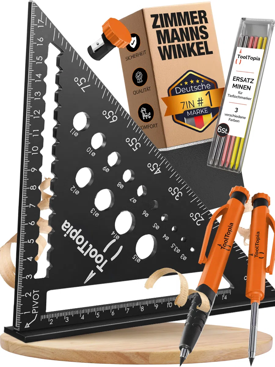 Zimmermannswinkel 180mm – Präzises Anschlagwinkel Set mit Tieflochmarker, Exakter 90 Grad Tischlerwinkel als Werkzeug für Holzbearbeitung, Metall & mehr, Geschenk für Zimmerer, Schreiner & Heimwerker