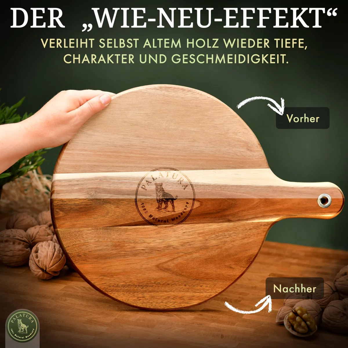 Walnussöl für Holz - Umweltfreundliches Holzöl für Außen & Innen - Lebensmittelecht, Tiefenwirksam, Schnelltrocknend, Seidiger Glanz, Langanhaltender Schutz - Angenehmer Nussiger Geruch