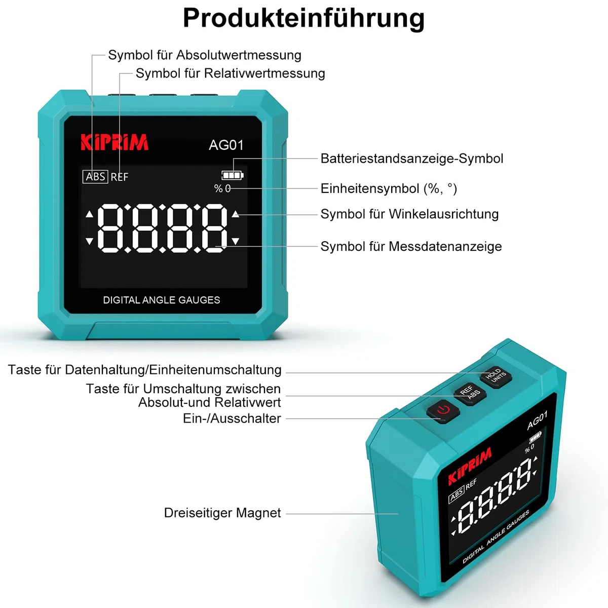 Kiprim Digitaler Neigungsmesser AG01– 3-seitiger Magnetfuß, LCD-Hintergrundbeleuchtung, Absolute & Relative Messung, Winkel-/Neigungseinheiten, ideal für Holzarbeiten, Bau & Heimwerker