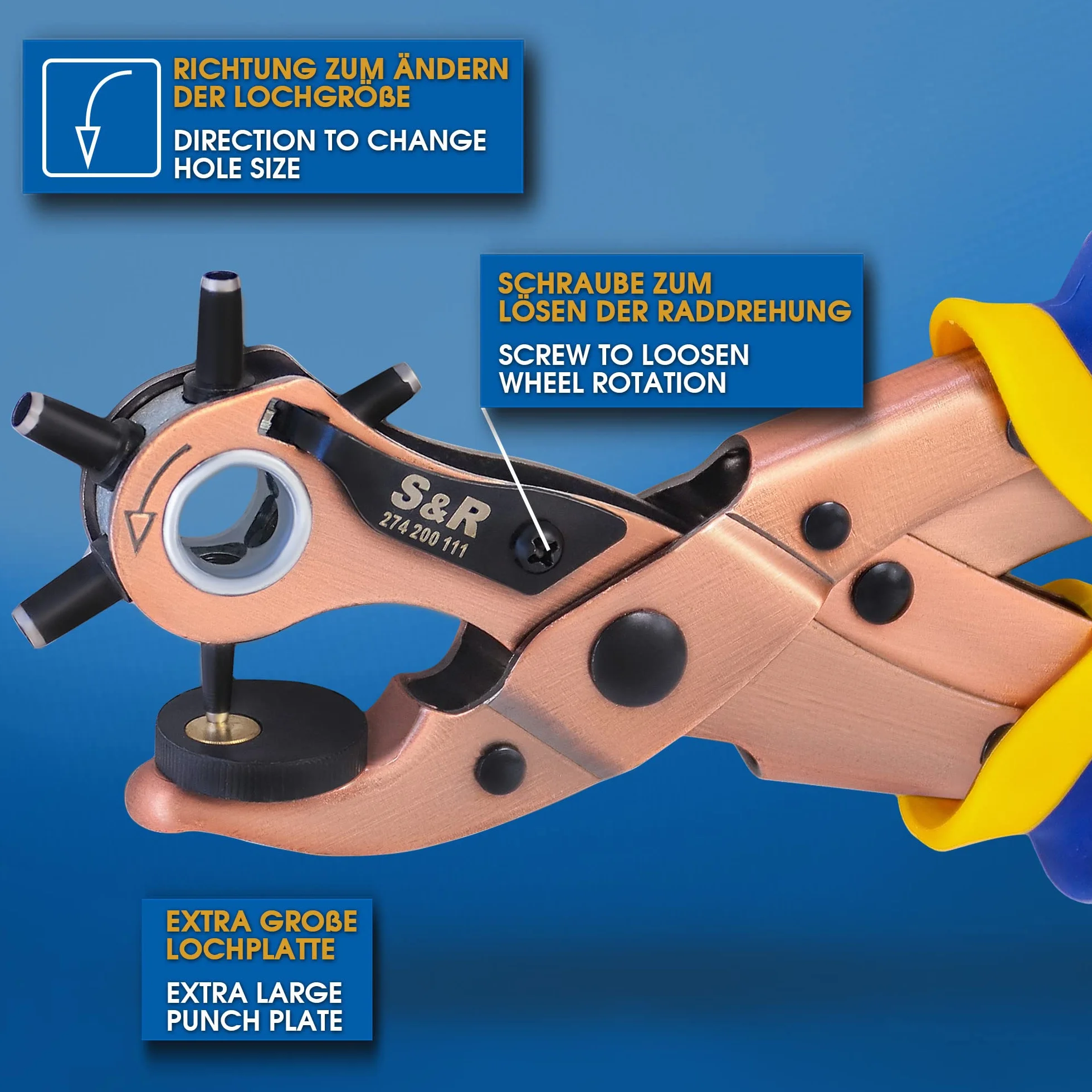 S&R Ergonomische Revolverlochzange aus Kohlenstoffstahl – Präzise Stanzzange mit Rund- und Oval-Locheisen, Größen 2-4,5 mm, für Leder, Gürtel, Schuhe, Sattel, Plastik
