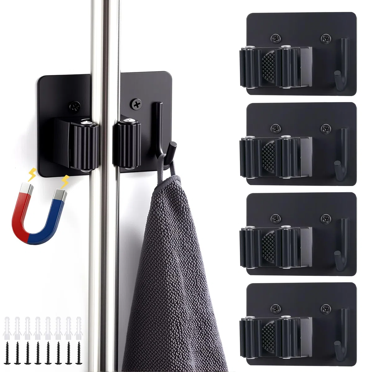 LIHAO Besenhalter, 4 Stück Edelstahl Besenhalterung Wand, Magnetischer Wandhalterung Besen Gerätehalter mit Haken für Garten, Keller & Haushalt - Schwarz