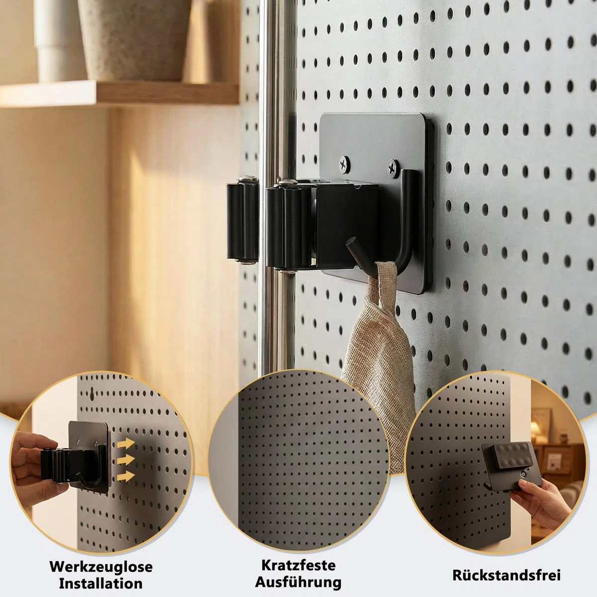 LIHAO Besenhalter, 4 Stück Edelstahl Besenhalterung Wand, Magnetischer Wandhalterung Besen Gerätehalter mit Haken für Garten, Keller & Haushalt - Schwarz