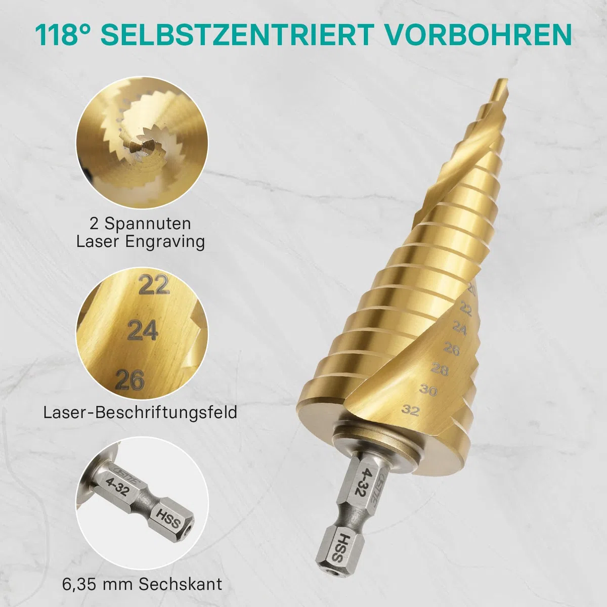 HSS Stufenbohrer, 3-tlg Stufenbohrer Set, Titan-beschichtete, 6.35mm Sechskant, Exact Spiralnut Kegelbohrer, 4 mm bis 12/20/32mm Profi Metallbohrer Bohrer Satz für Metall, Messing, Holz, Kunststoffe