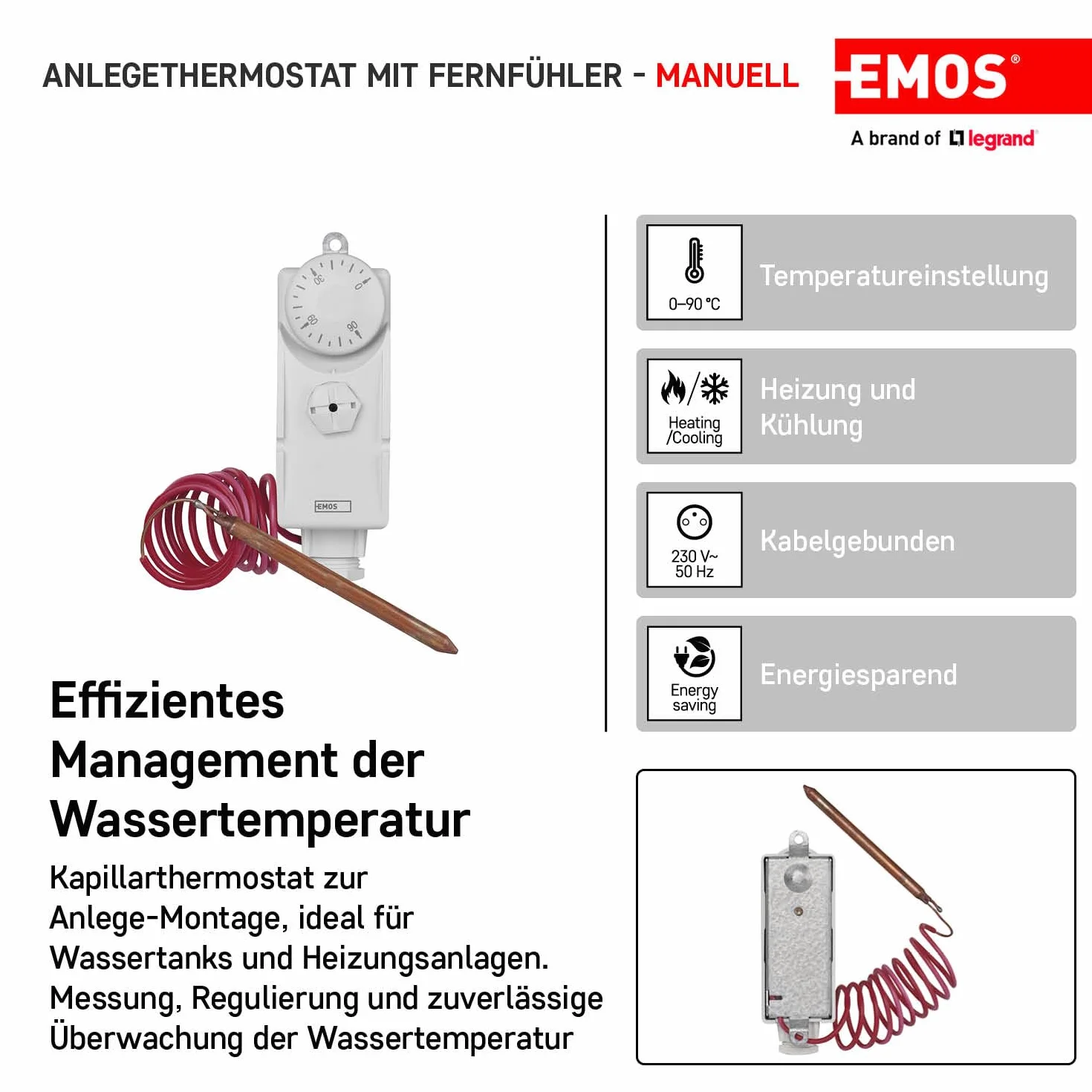 EMOS Thermostat mit Kapillarsensor, analog, Temperaturregler für Heizung, Heizungssysteme, Wasserheizung und Kühlungssysteme, 38 x 54 x 105 mm, Weiß