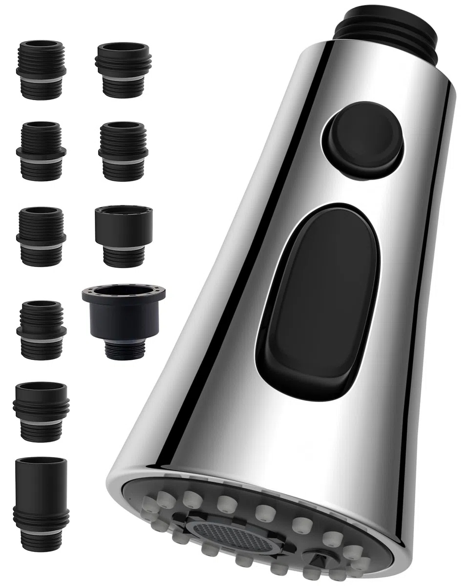 Hibbent Küchenarmatur Kopf Ersatz, 3-Funktions-Küche Spüle Sprühdüse kompatibel mit Moen,Pull Down Küche Sprühkopf mit 9 Adaptern, EU Standard, Delta, Kohler Wasserhähne, Chrom
