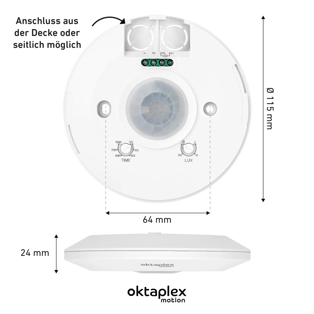 Oktaplex Ina Bewegungsmelder Innen 360 Grad 8m Reichweite LED geeignet weiß Aufputz 230V mit Dämmerungssensor