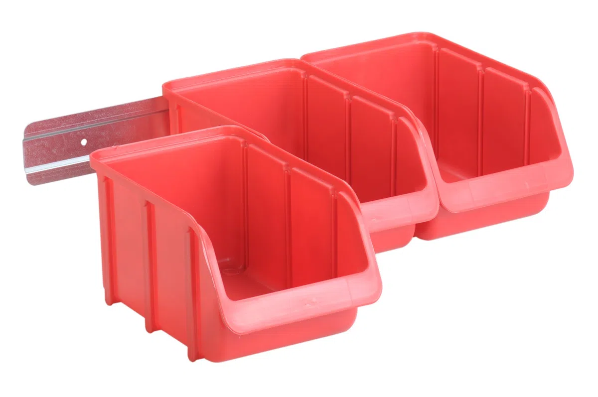 hünersdorff 656600 Sichtboxen-Set: 1x Kunststoffschiene plus 3 x Lagerboxen der Größe 3, Wandhalter inkl. Aufbewahrungsboxen für Regalsystem, Rot, 3 x größe 3