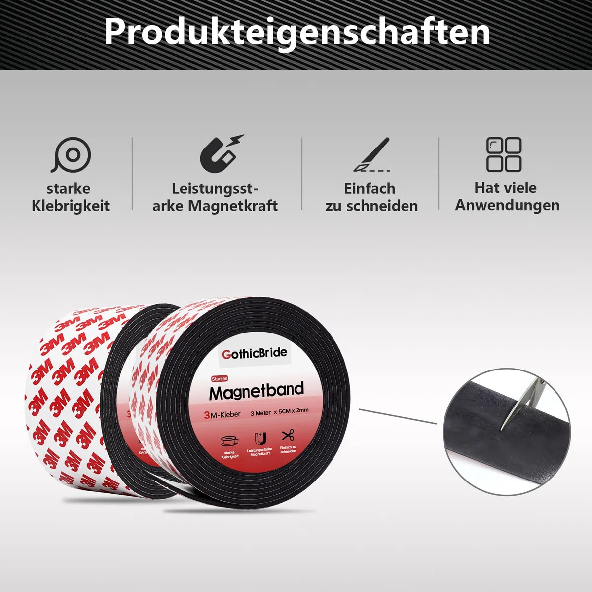Magnetband Selbstklebend, 3M Magnetklebeband Stark Metallband Extra Breit Magnetstreifen Magnet Klebeband, Magnetic Tape für Messer Whiteboard Werkzeug