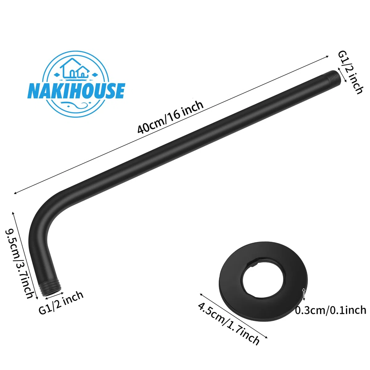 Brausearm, 40cm Edelstahl ‌Rund Wandarm Duscharm für Regenduschkopf Wandmontage (Nein Enthalten Duschkopf), Schwarz Duscharm
