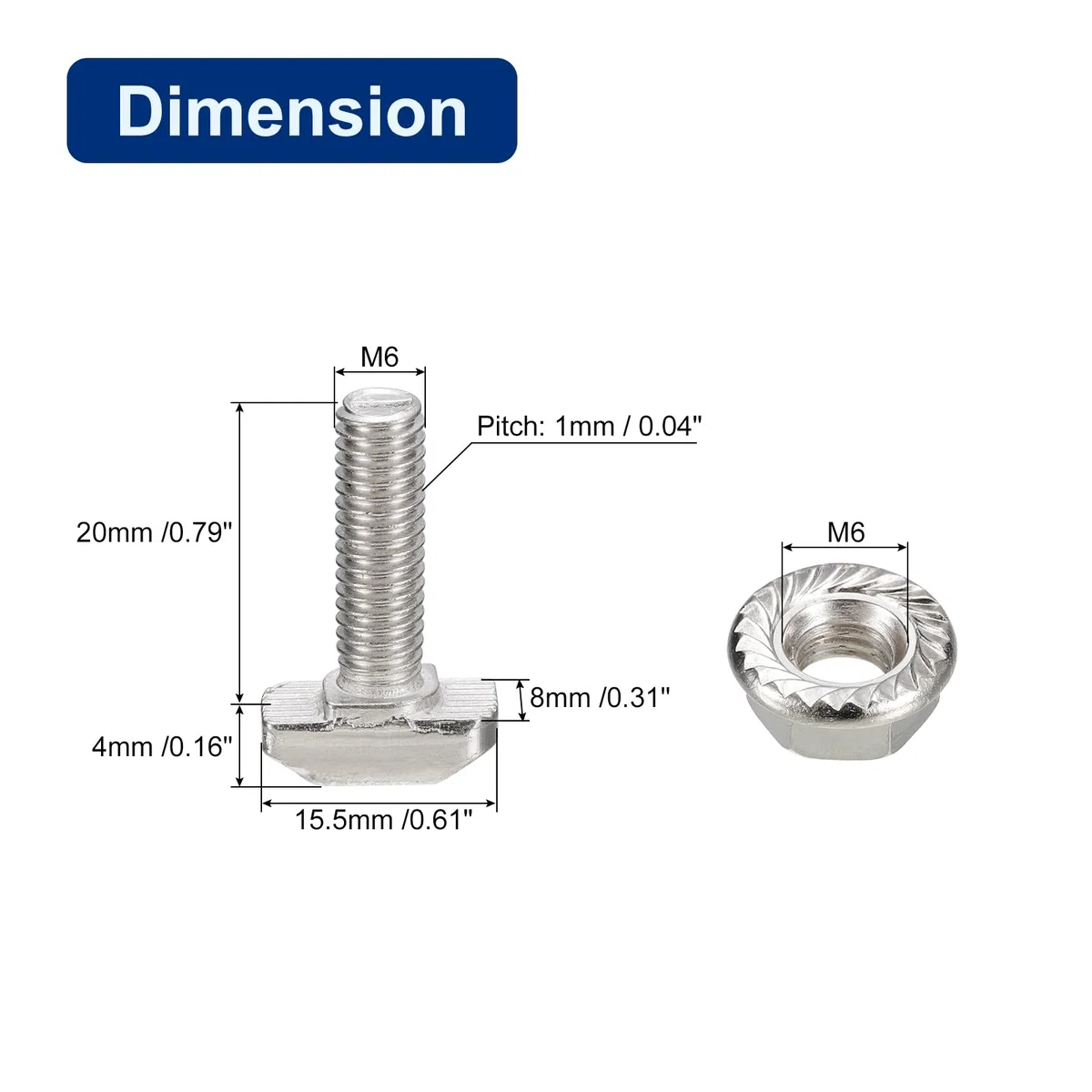 QUARKZMAN M6x20mm T-Nut und M6 Sechskantflanschmuttern-Set, 40 Sets Hammerkopf-T-Bolzen T-Form-Stud-Schiebeschraube für 30er Aluminiumprofil
