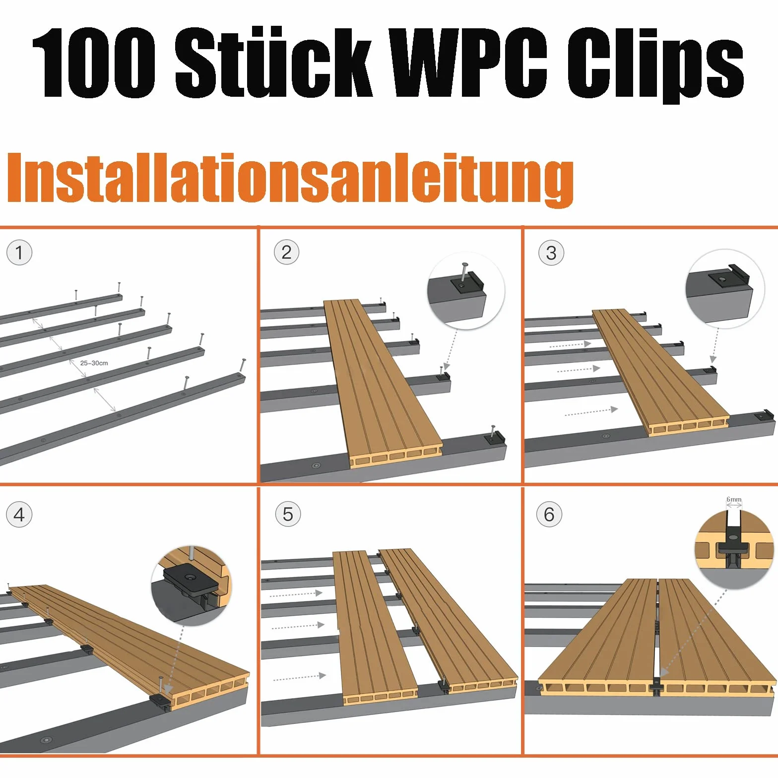 100 Stück WPC Clips, Versteckte Terrassendielen Befestigung Board Clips, 6 mm Terrassenclips Kunststoff für WPC Terrassendielen/BPC Dielen, Schwarz T Clip mit Schwarz Schrauben