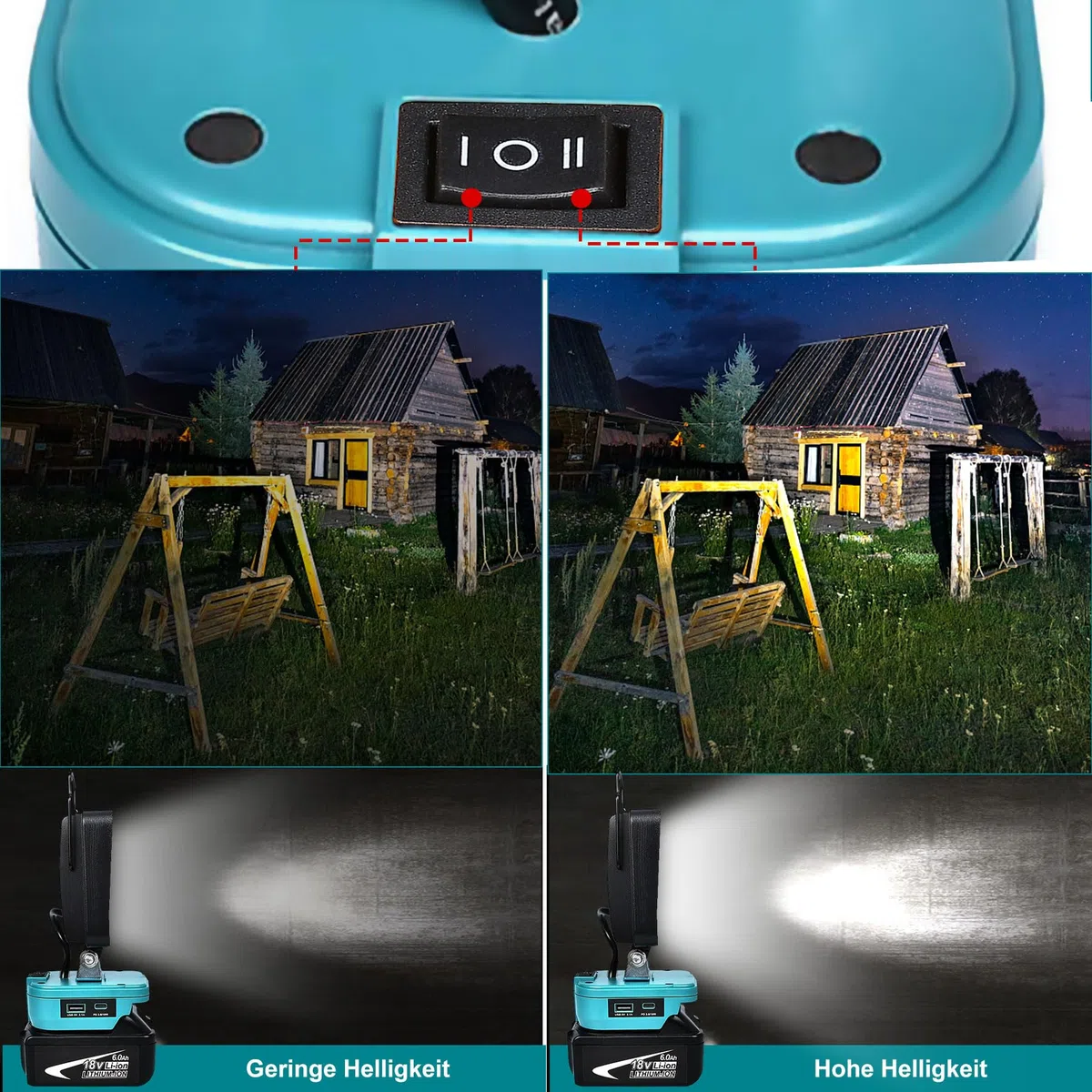 Akku Lampe Für Makita 18v, 48W Kabellose Led Arbeitsleuchte Akku, Hell Led Strahler Tragbares Flutlichter Baustellen Lampe,Akku Scheinwerfer mit Typ C und USB-Aufladung (No Akku)