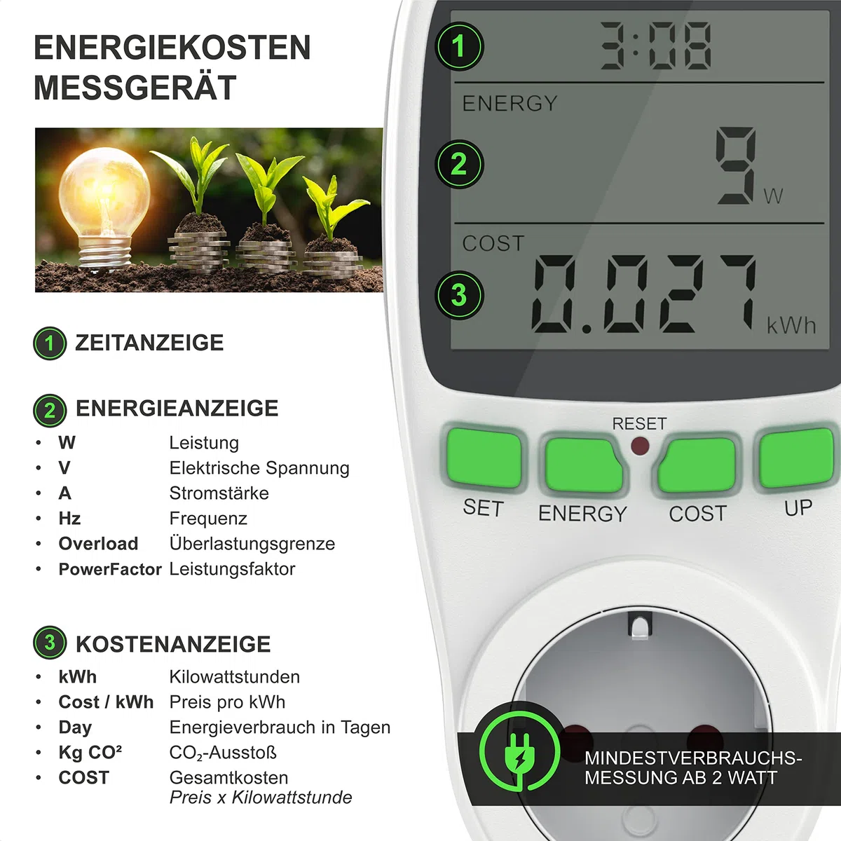 Arendo - Energiekostenmessgerät - Stromverbrauchszähler, Energiekosten Anzeige - Stromzähler - 3680W - Energiemessgerät mit integriertem Berührungsschutz