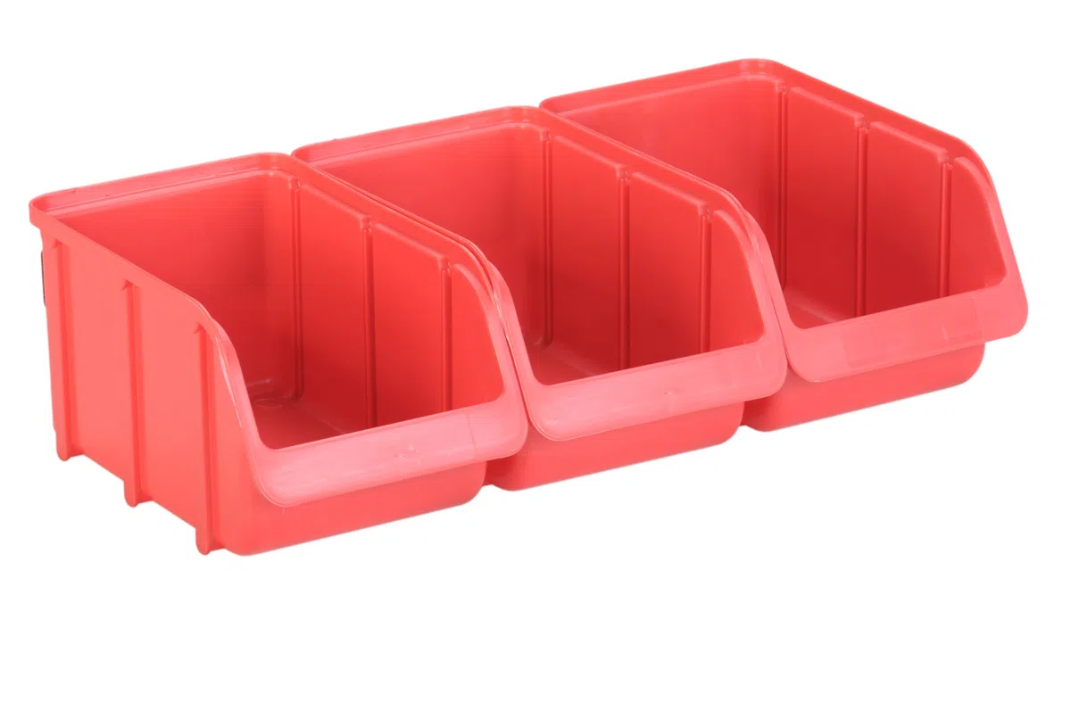 hünersdorff 656600 Sichtboxen-Set: 1x Kunststoffschiene plus 3 x Lagerboxen der Größe 3, Wandhalter inkl. Aufbewahrungsboxen für Regalsystem, Rot, 3 x größe 3