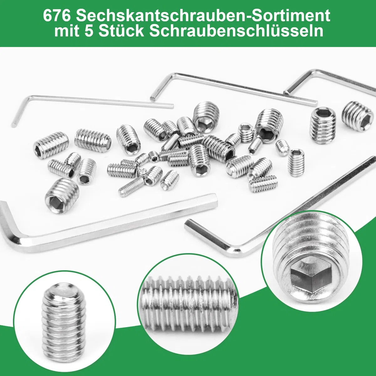 Foliv 676 Stück Madenschrauben Sortiment Set Edelstahl M3 M4 M5 M6 M8 Madenschrauben/Innensechskant Gewindestifte DIN 913,Sechskantkopf Schrauben mit Schraubenschlüssel für Türgriff, Türklinke