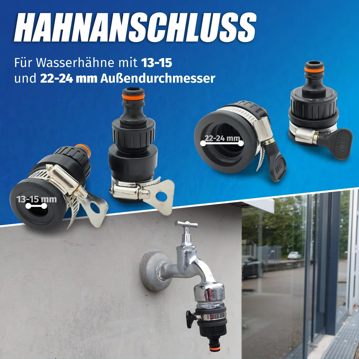 MaJoCompTec® ALLCONNECT universal Wasserhahn Anschluss Set | verstellbarer Wasser Hahnanschluss für Aussenhahn ohne Gewinde | Wohnmobil Caravan Boot Adapter Set (Wasserdieb-Set)