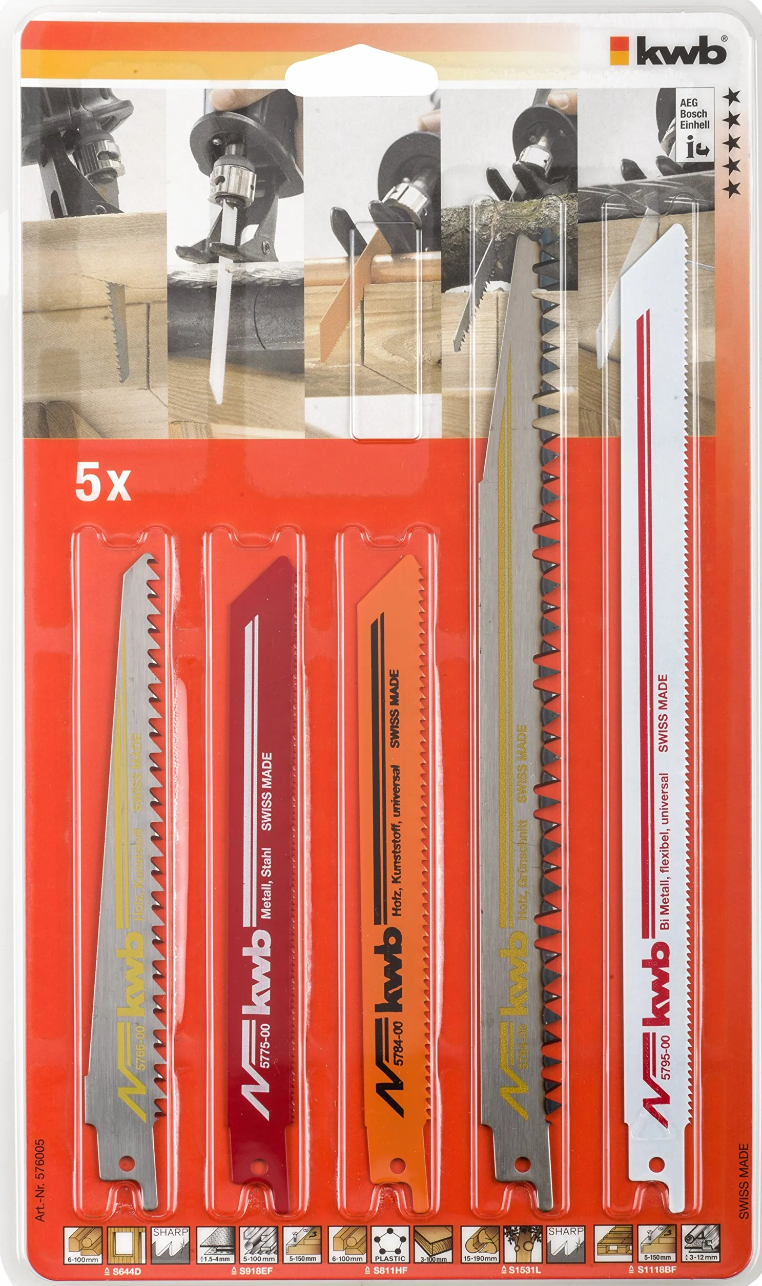 kwb 5-teiliges Säbelsägeblatt-Set für Holz und Metall - Geeignet für Universal-Sägen und Elektrofuchsschwänze - Swiss Made